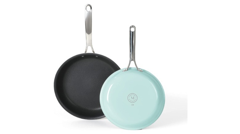 two aluminum frying pans