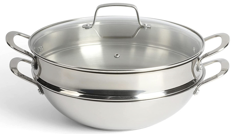 Stainless steel pan with steamer and lid