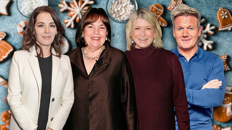 Celebrity chefs Nigella Lawson, Ina Garten, Martha Stewart, and Gordon Ramsay with festive baked goods in the background