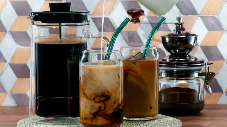 glasses of cold brew and a French press