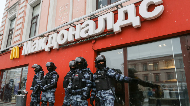 Russian McDonald's with soldiers outside