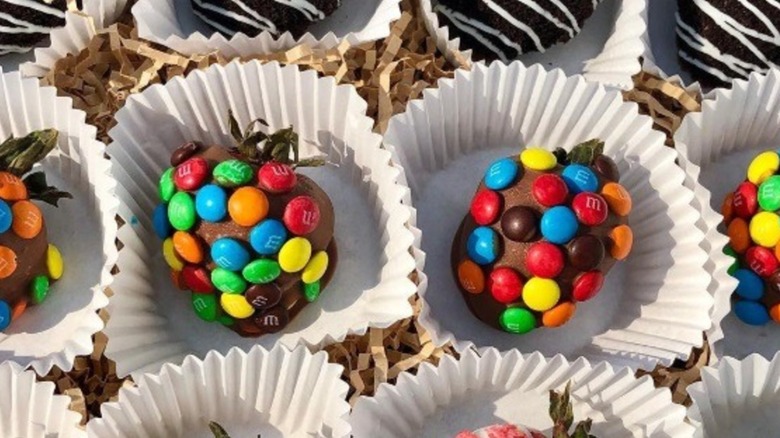 Chocolate strawberries coated with M&M's