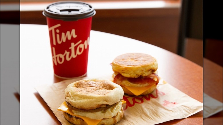 Breakfast sandwiches and coffee from Tim Hortons