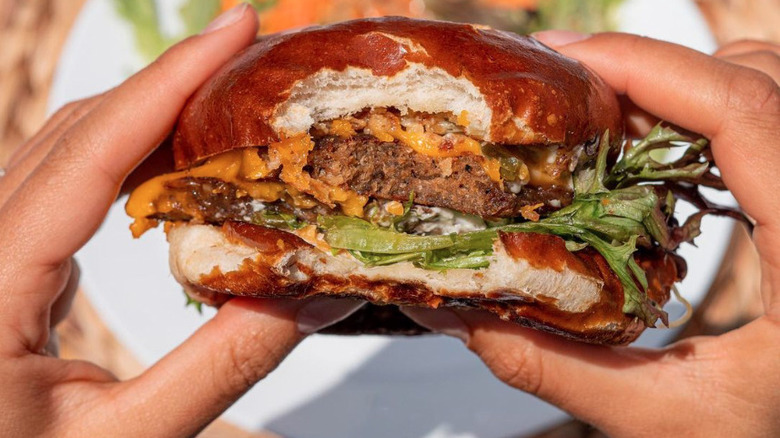 Hands holding veggie burger