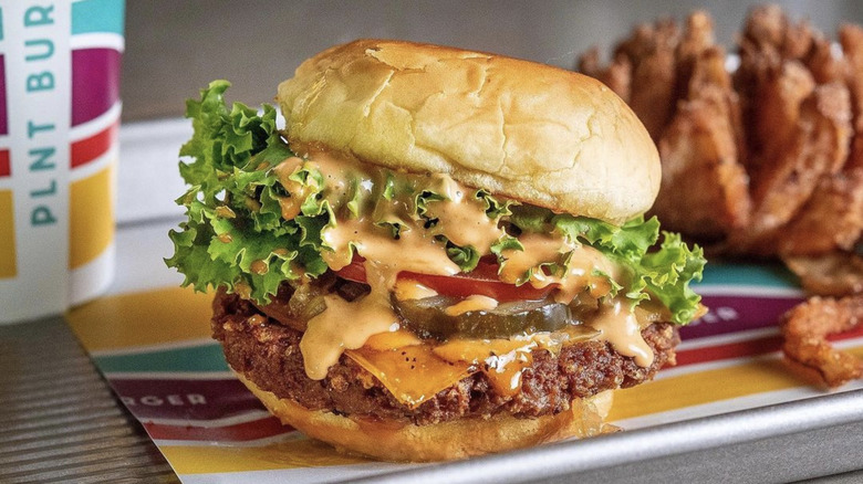 vegan PLNT burger on a tray 