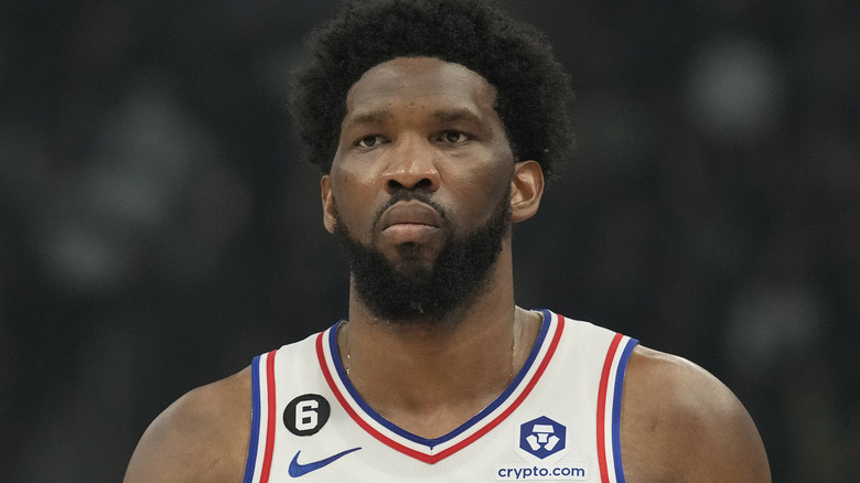 Joel Embiid with white basketball jersey