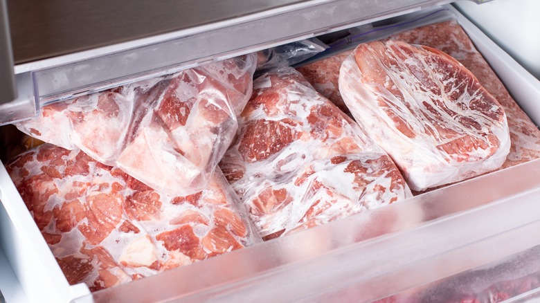 frozen beef in freezer