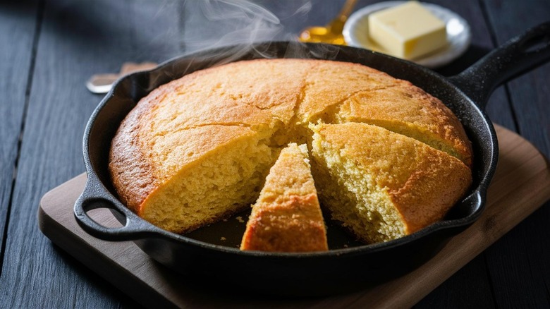 Closeup of a square of cornbread