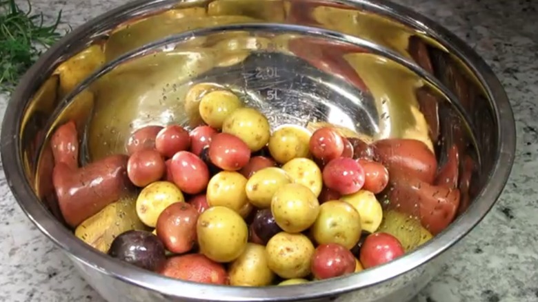 colored baby potatoes from Aldi in a metal bowl