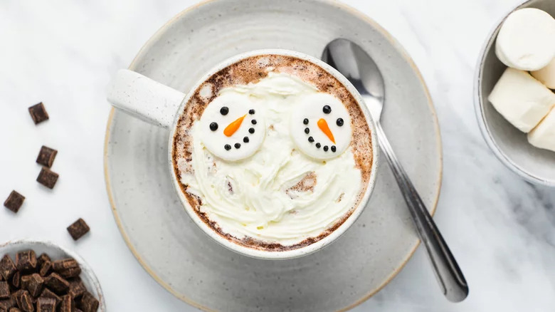 Snowman soup hot chocolate with marshmallows