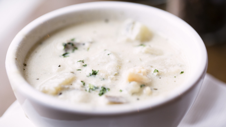 Creamy clam chowder in white bowl