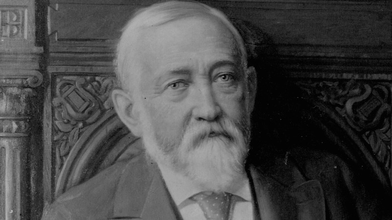 Portrait of Benjamin Harrison with carved wood background