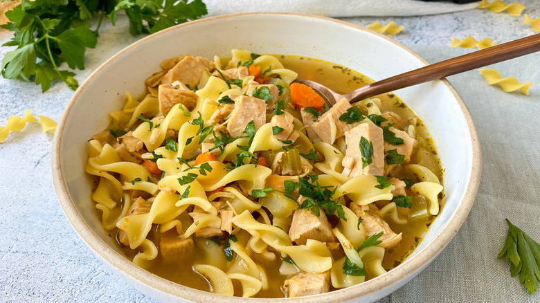 Turkey noodle soup in bowl