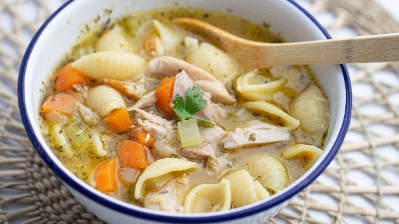 Chicken/pasta soup in bowl