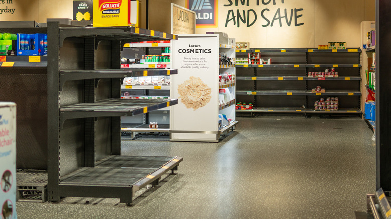 Empty shelves in Aldi supermarket