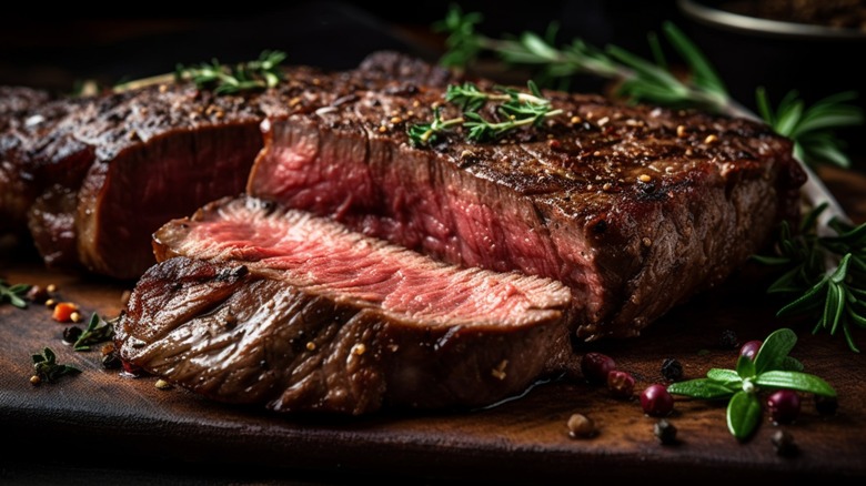 steak on cutting board with herbs