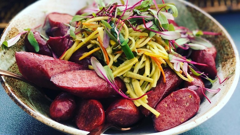 sausages and veggies in bowl