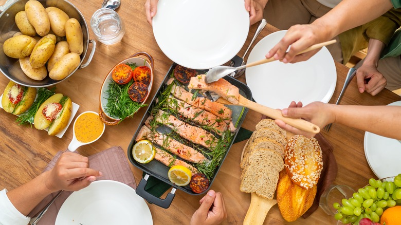 table of seafood and vegetables