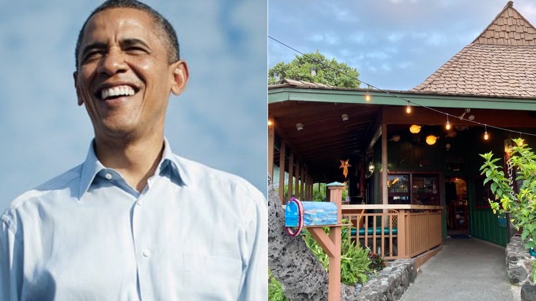 Split Screen of Barack Obama and exterior of Buzz's Original Steak House