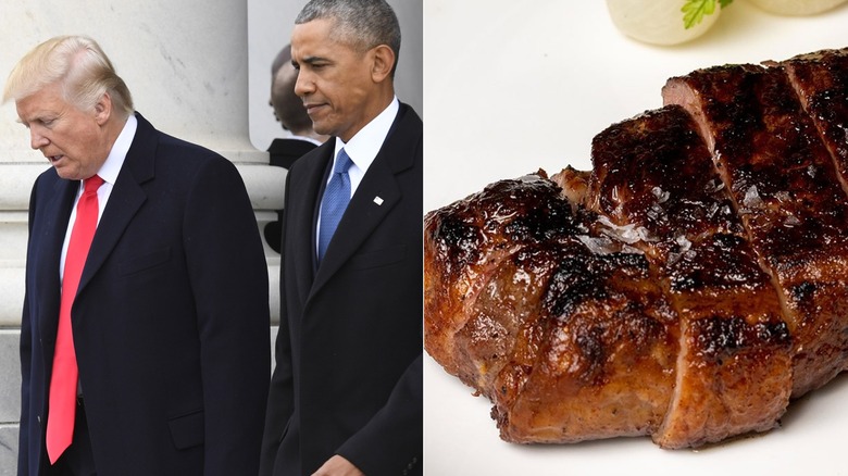 Trump and Obama split screen with sliced steak