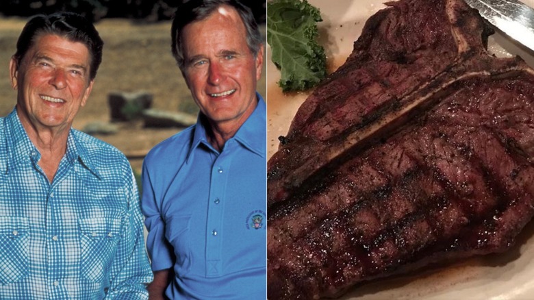 Split screen of Reagan and Bush and T-bone steak