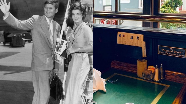 Split screen of JFK and Jackie with booth at Martin's Tavern