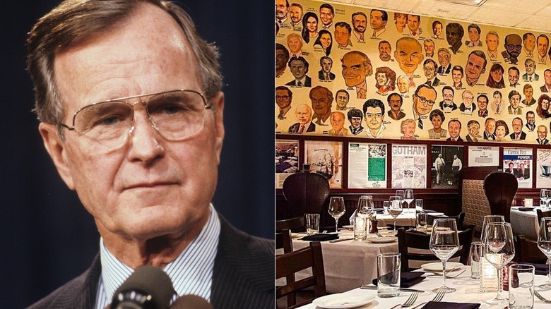 Split screen of George H.W. Bush and The Palm Restaurant