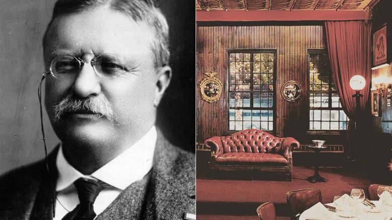 Split screen of Teddy Roosevelt and interior of Keens Steakhouse