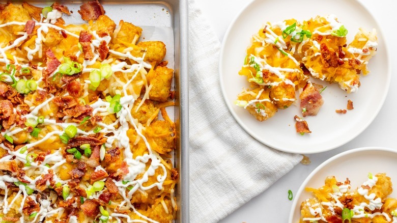 Totchos on sheet pan and plate