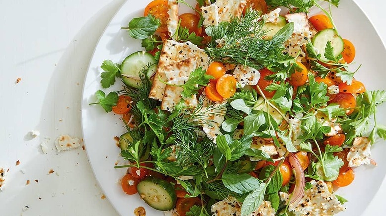 Matzo fattoush on a white plate