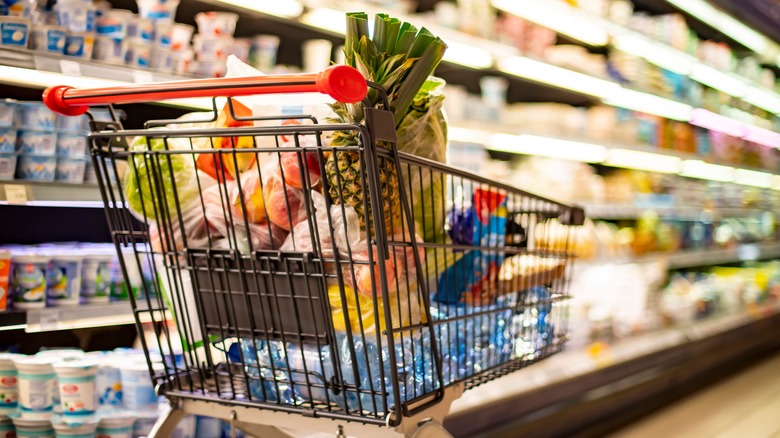 Full grocery cart in aisle