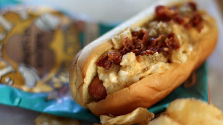 Hot Dog Topped with Macaroni and Cheese and Bacon 