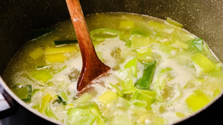 Leek soup in pot