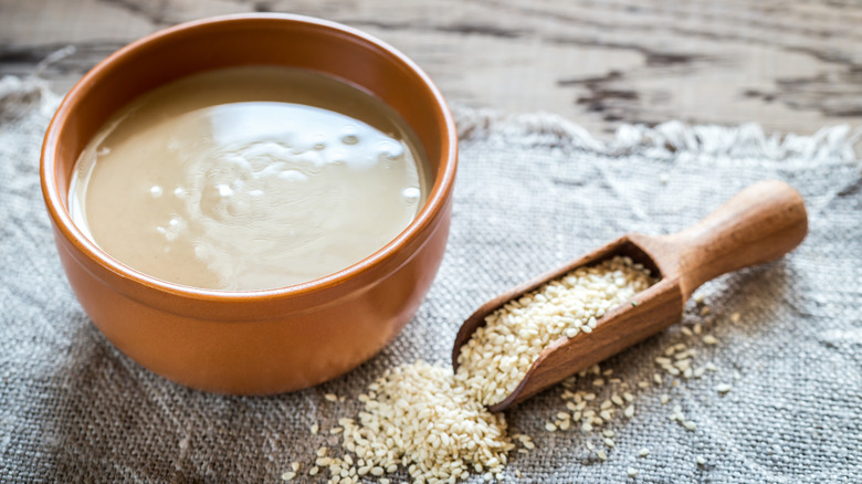 bowl of tahini and sesame seeds 