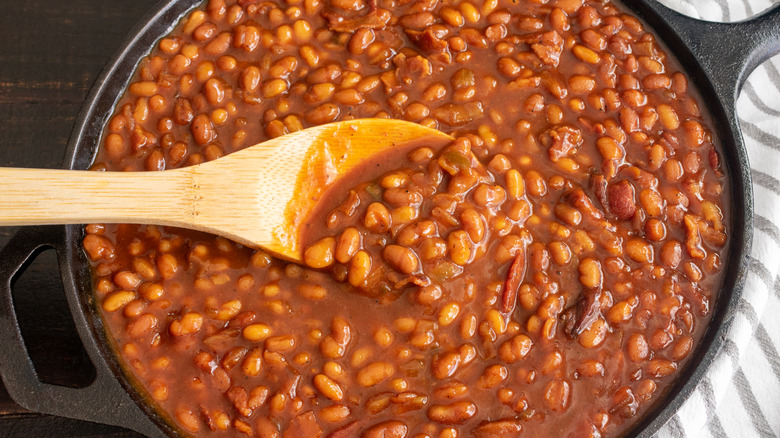 Baked beans in cast iron skillet