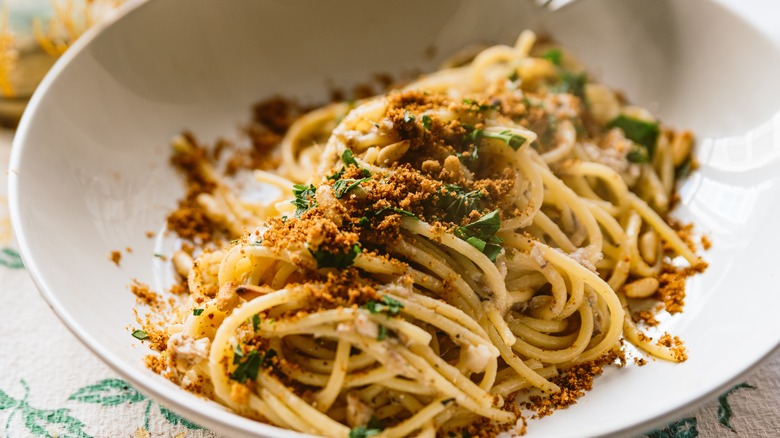 Bowl of spaghetti with breadcrumbs