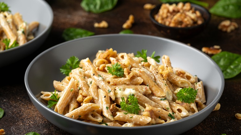 Penne pasta with walnuts