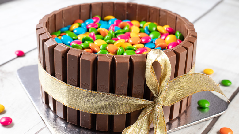 cake with KitKats and candy