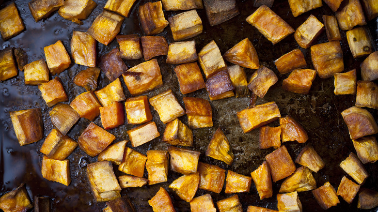 roasted sweet potatoes on tray