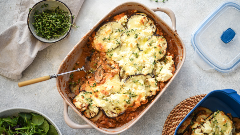 Dish of lentil moussaka