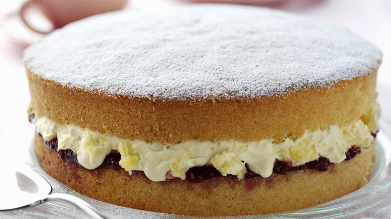 Yellow cake sandwiched with jam and cream