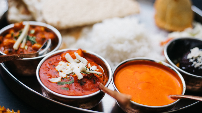 Platter of sauces and rice