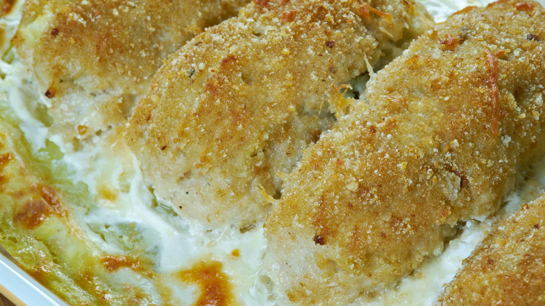 close up of fish stick casserole