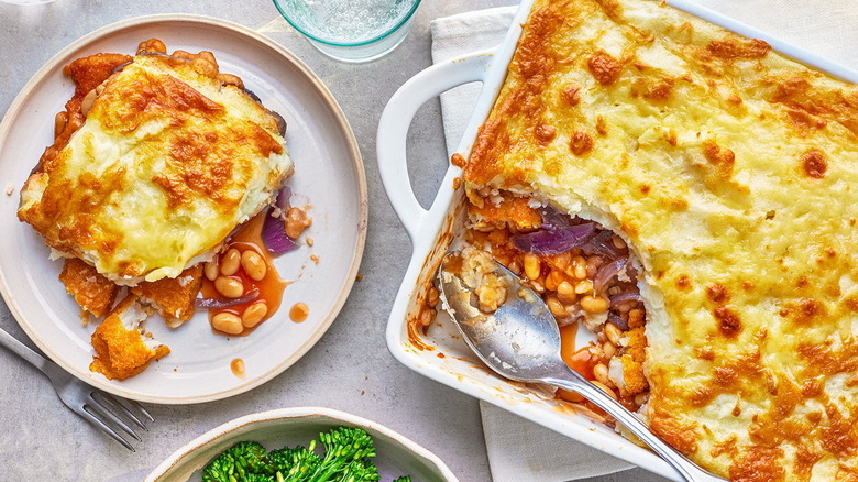 Fish stick pie with a served portion