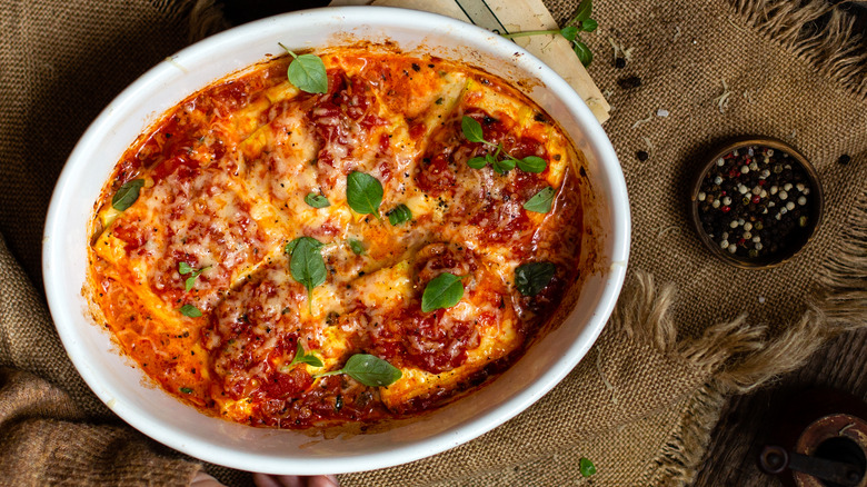 Ravioli baked into casserole dish