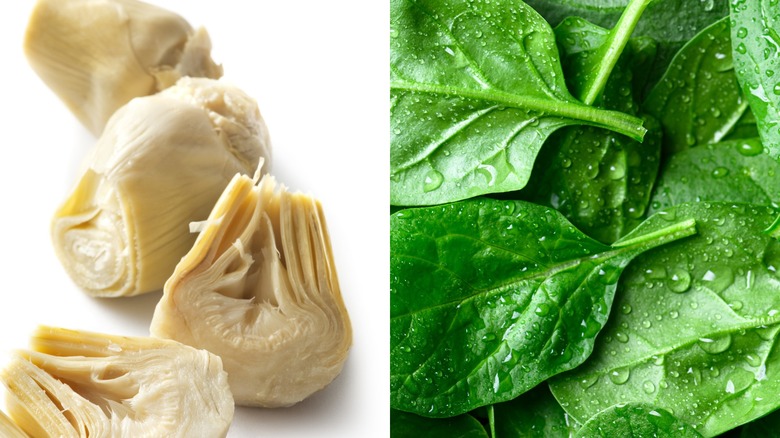 artichoke hearts and spinach leaves