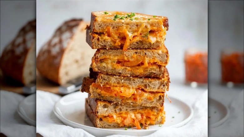 stack of four kimchi grilled cheeses