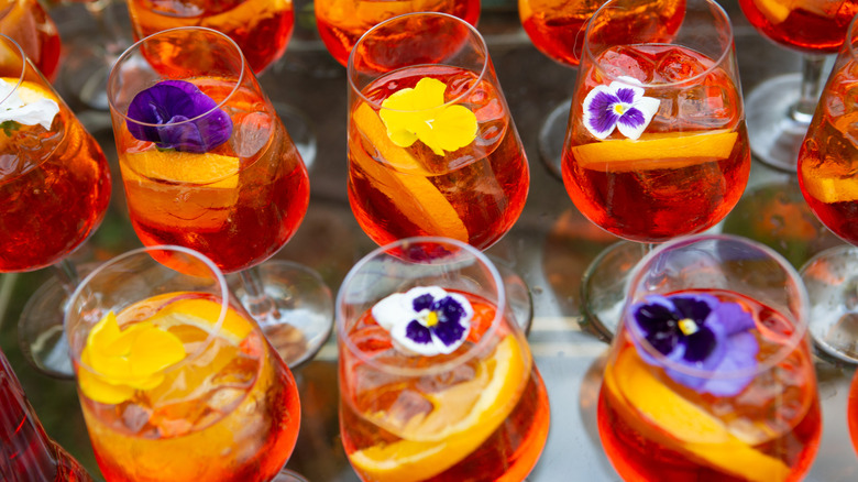 Group of Aperol spritzes with fruits and flowers