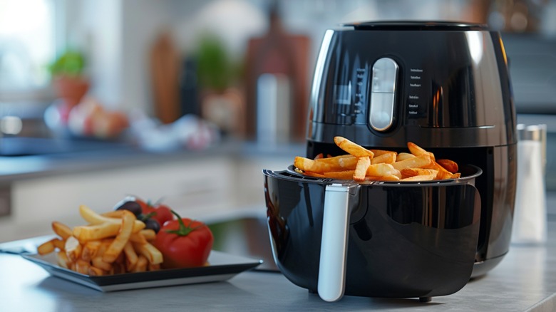 air fryer with fries on counter