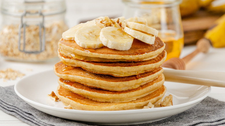 A stack of banana pancakes